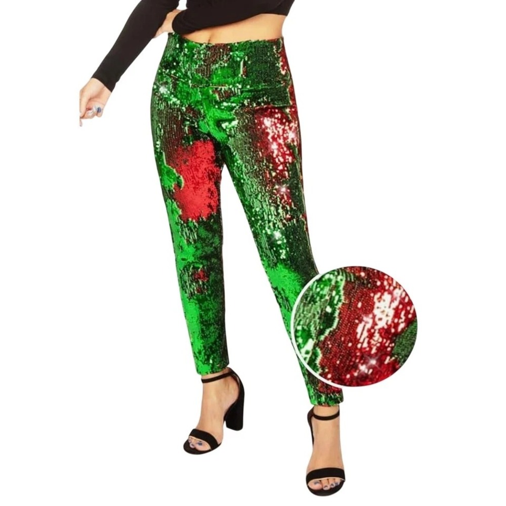 TIPSY ELVES RED GREEN REVERSIBLE SEQUIN HIGH WAIST LEGGINGS -Plus Size 1X -LINED